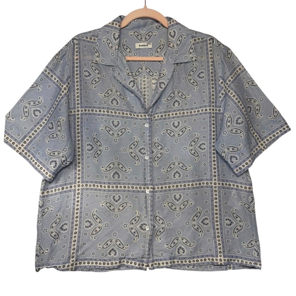 Sandro Paris Light Blue Paisley Bandana Print Camp Collar Shirt Size L Womens